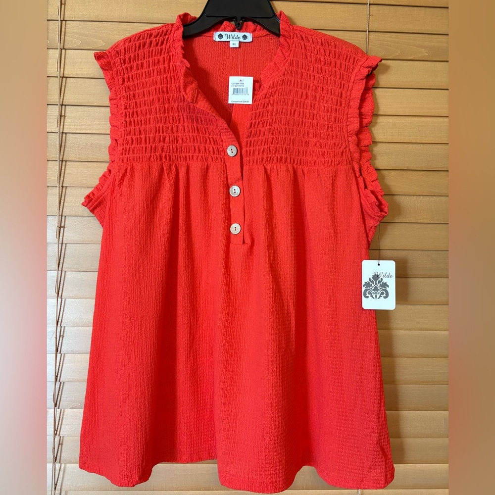 WILDE NWT Orange Smocked Flutter Sleeve Blouse with Mandarin Collar. Size 3X